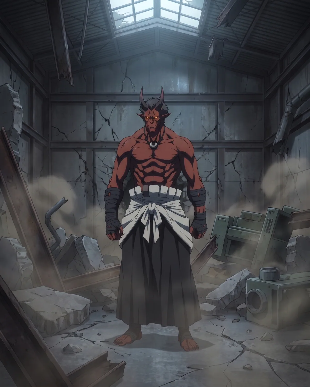 A towering red-skinned entity standing motionless in a wrecked warehouse, eyes burning.