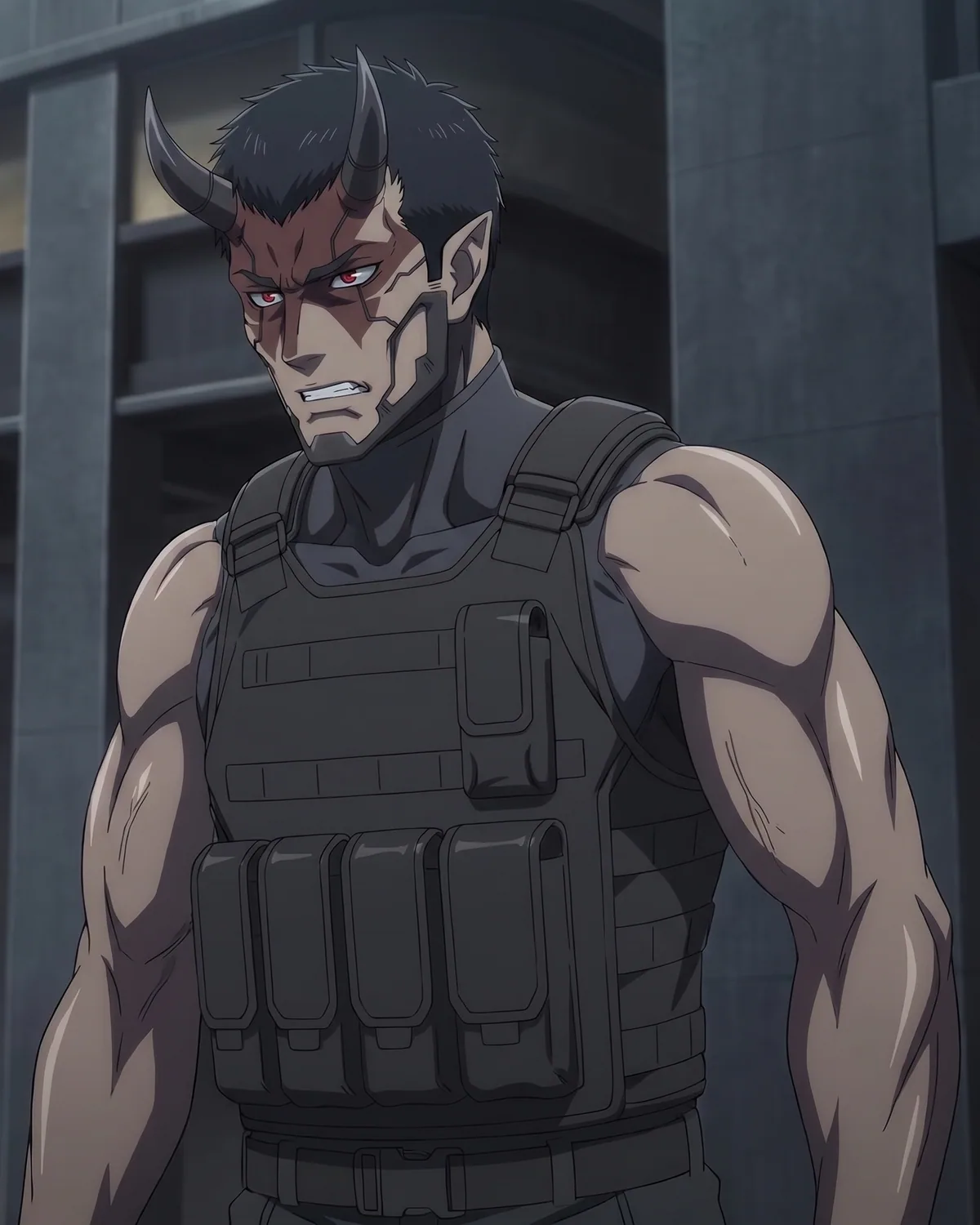 A scarred, horned demon in a black tactical vest, red eyes set hard.