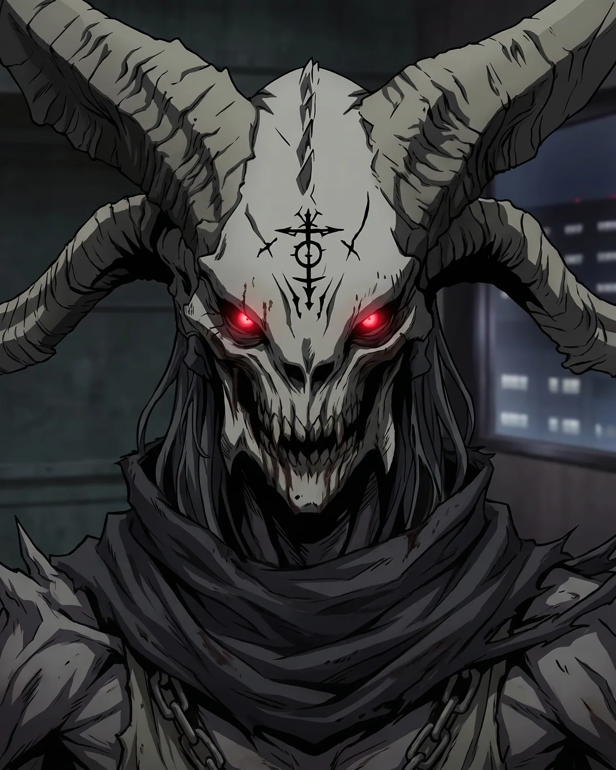 A horned demoness with a bone-white skull face, ritual sigils carved across the brow, and burning red eyes.