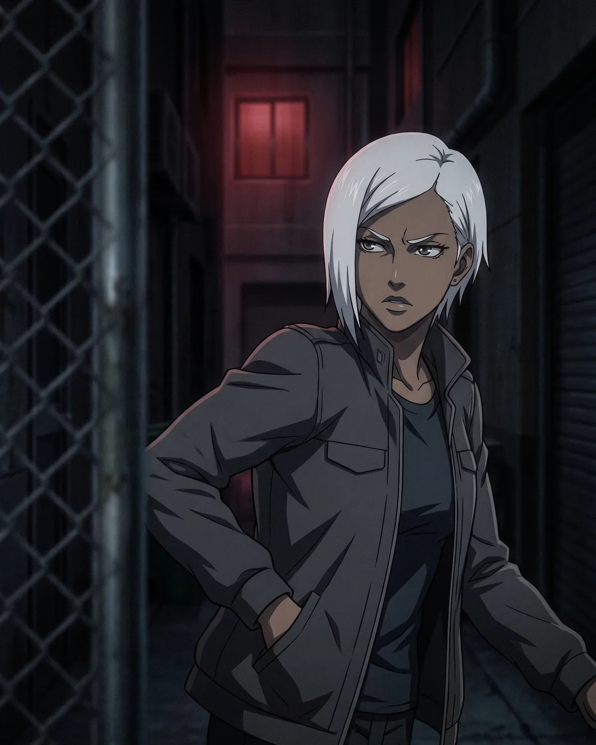 ASH, a sharp-eyed human OPA field agent with white hair, on watch in a chain-fenced alley.