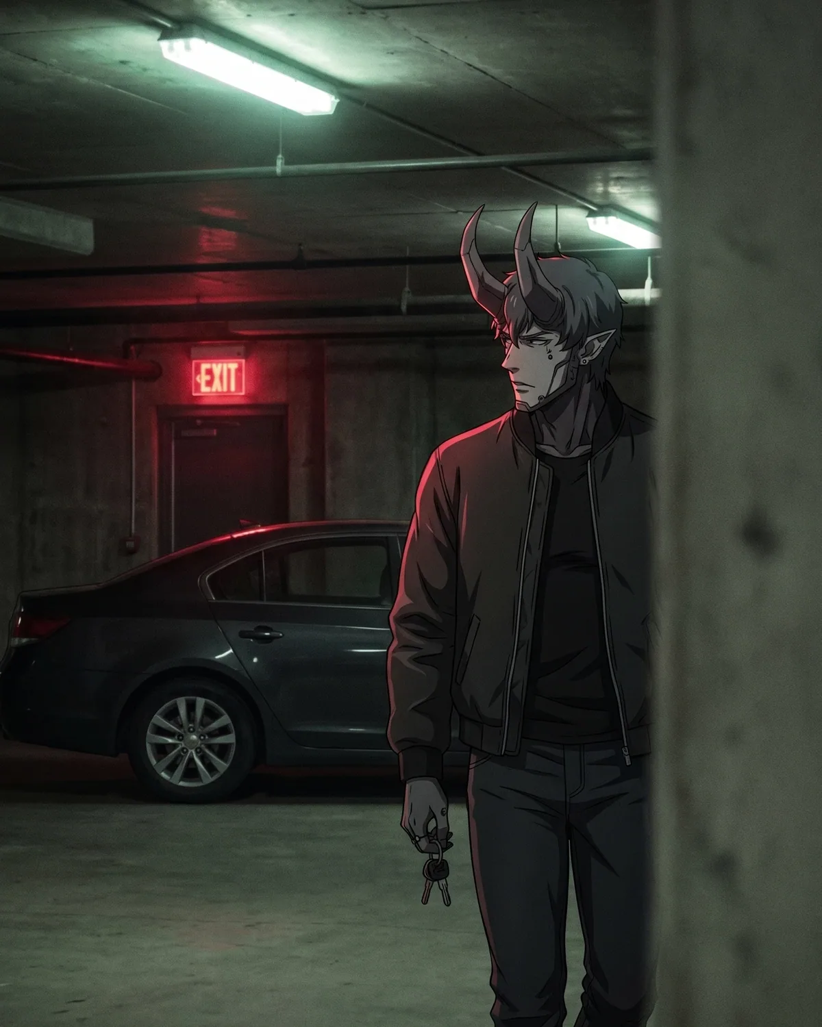 BAEL, a horned demon OPA field agent, keys in hand in an underground garage.
