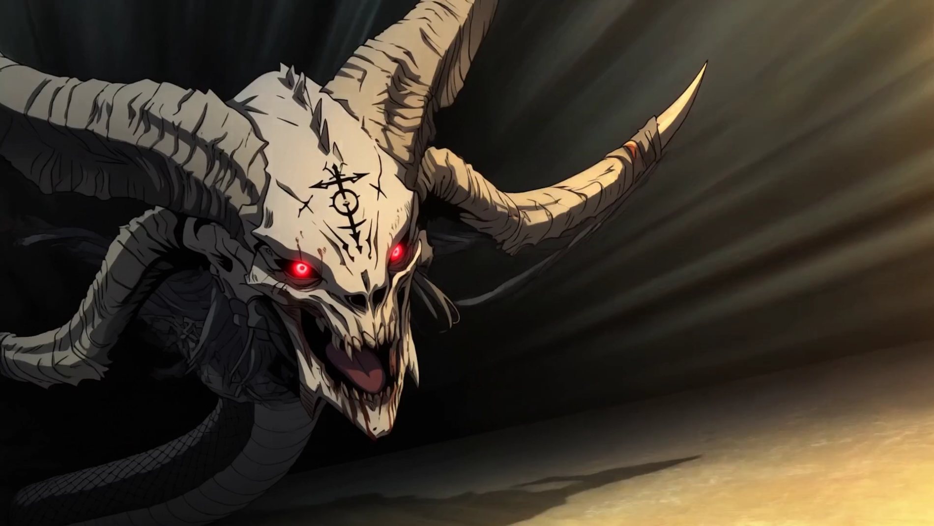 A horned, skull-faced demon with burning red eyes, mid-lunge. From the OTHERSIDE pilot.