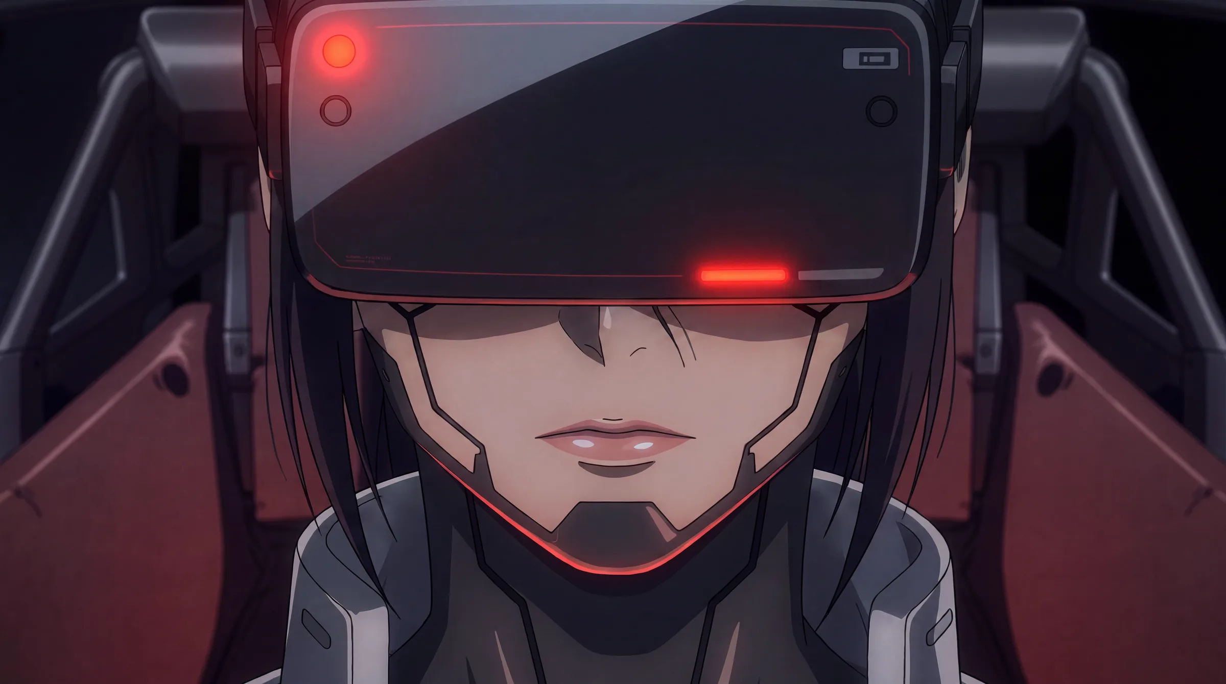 A pilot in a red-lit cockpit, eyes hidden behind a black visor rig. Cover frame from the OTHERSIDE pilot.