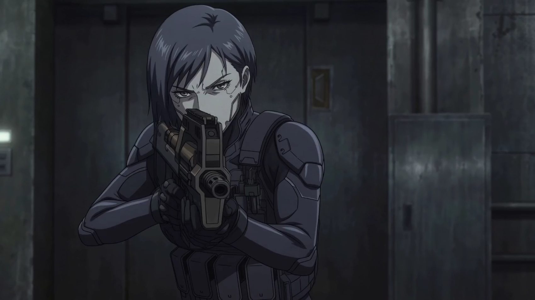 A masked OPA agent levels a sidearm in a dim corridor.