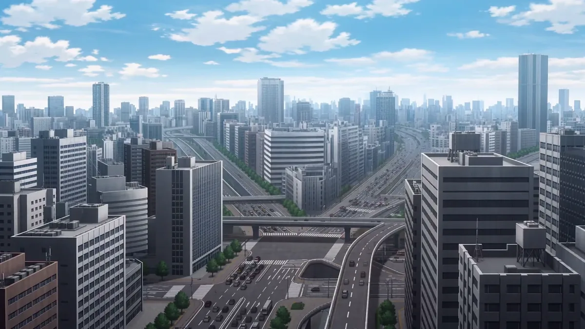 The city forty years after the first portal, seen from above. From the OTHERSIDE pilot.