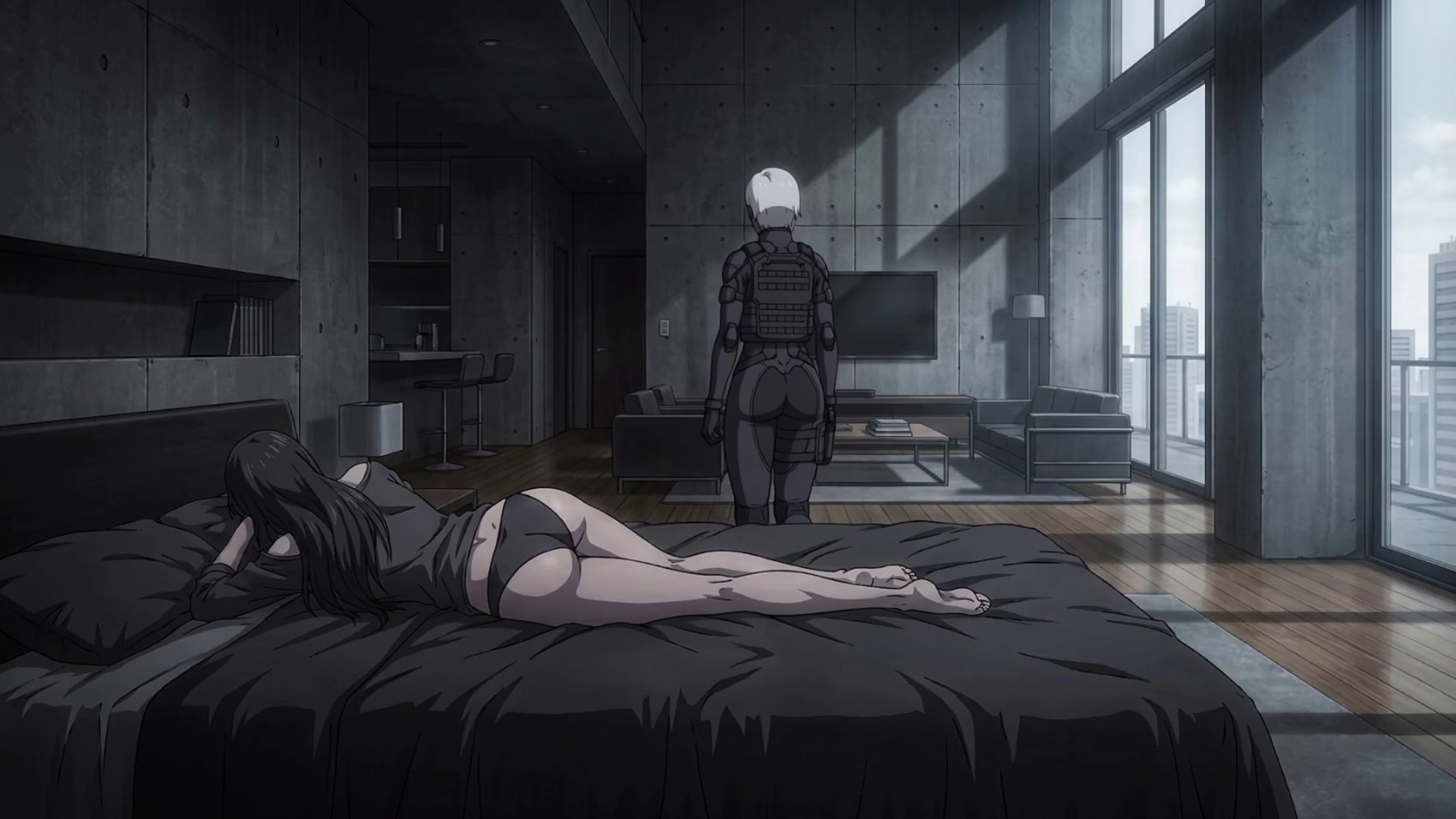 An armored agent leaves an apartment at first light.