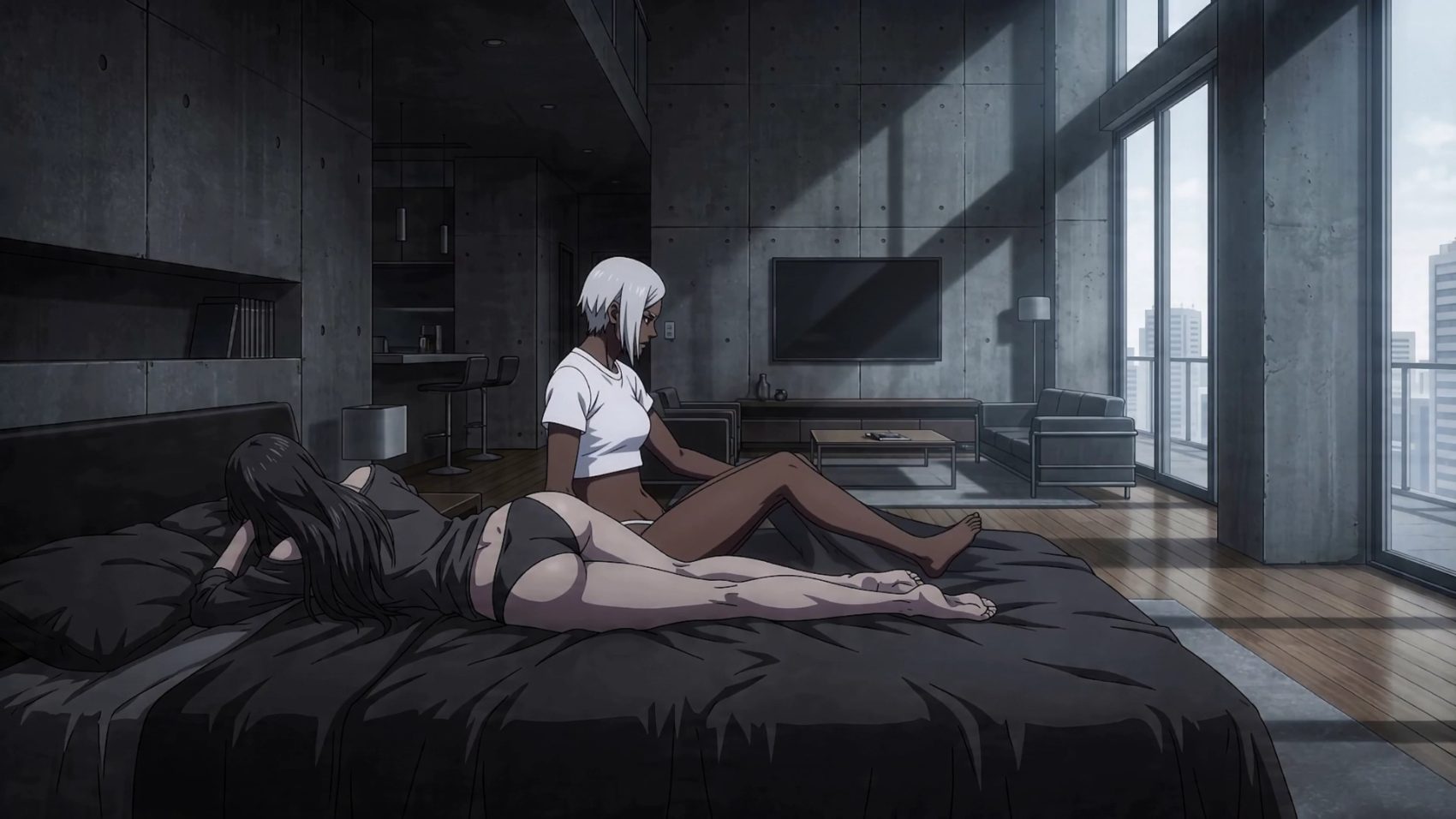 A quiet apartment interior in a high-rise above the city.